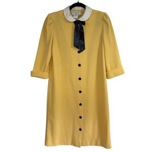 Vintage 70s Leslie Fay Yellow Peter Pan Collar Mod Dress Bow ILGWU USA 8 Twee